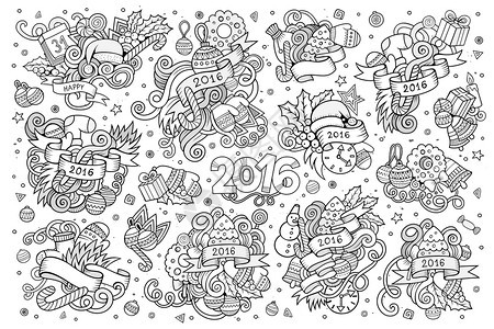 在新年和圣诞节主题上绘制了Doodle漫画系列的物体和符号图片