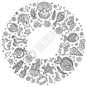 环形海洋元素海生动植物元素涂鸦风格插画图片
