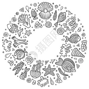 环形海洋元素海生动植物元素涂鸦风格插画图片