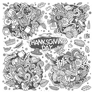 在感恩节秋季主题上绘制了Doodle漫画系列的物体和符号图片