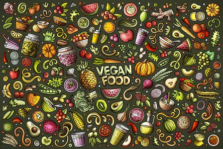 多彩矢量手工绘制的维冈食物品和符号的涂鸦漫画集图片