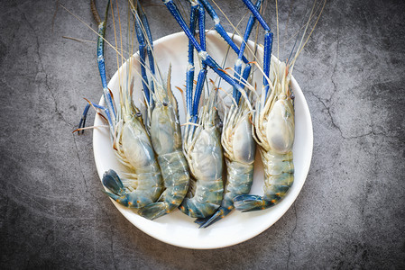 海产食品餐厅黑暗背景烹饪新鲜虾白盘上蓝色生虾顶视图片
