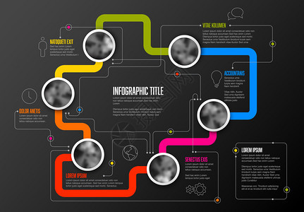 带有圆环光照片占位符彩色线条暗版的抽象信息模板图片