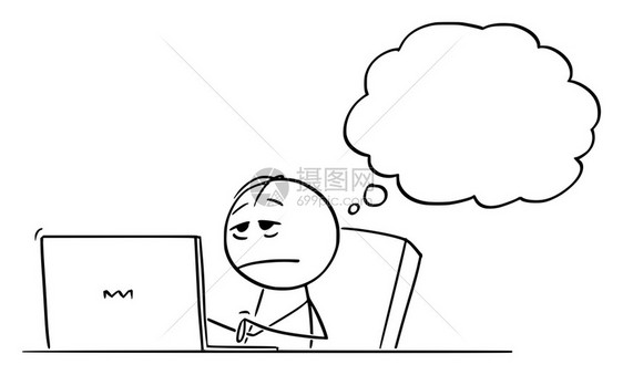 矢量卡通插图绘制疲劳压力过大或沉睡的男子商人在计算机上工作并思考一些事情的概念说明矢量卡通说明疲劳过度工作或压力沉睡的人商在计算图片