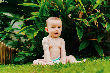穿尿布的婴儿坐在草地上图片