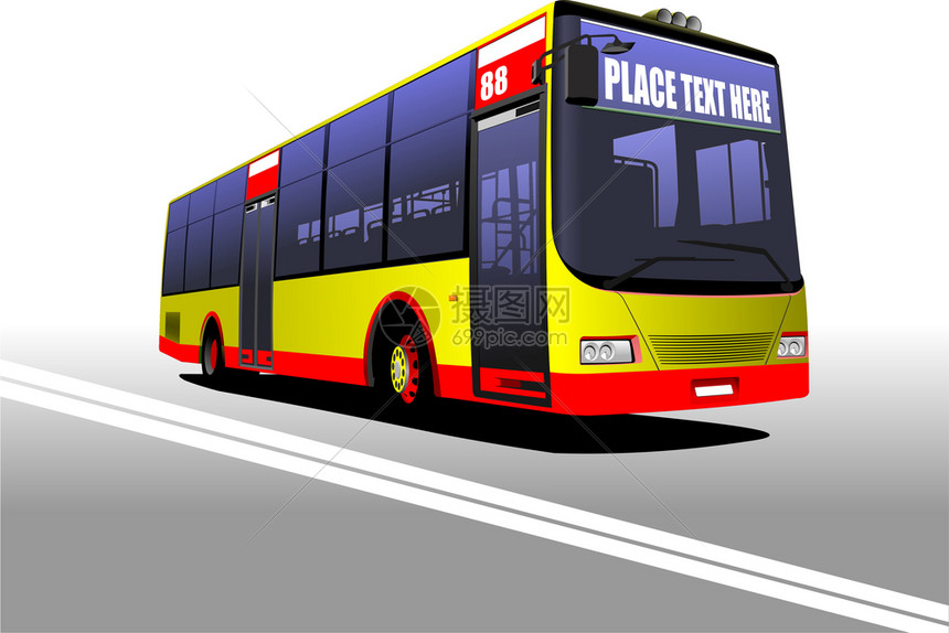 在路上黄红市公共汽车矢量图图片