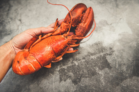 手头新鲜红龙虾食品和煮黑盘背景图片