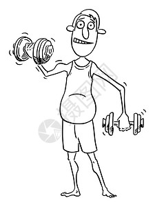 以两种哑铃在家锻炼的平均中年男子在家锻炼的漫画健康生活方式概念图片