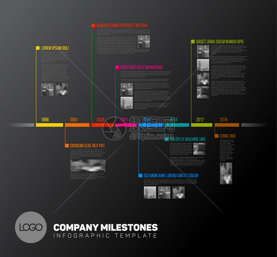 矢量信息时间表报告模板具有最大的里程碑图标年份和颜色按钮暗版矢量信息时间表报告模板图片