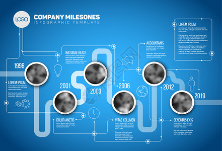 定时线模板在一条上带有圆形照片占位器的圆形照片占位器蓝色版图片