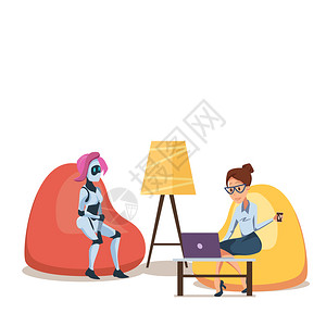 成功商业女人坐在茶或咖啡杯上与粉色头发的女人工智能平板卡通矢量说明机器人和有笔记本的妇女坐在豆袋椅上图片
