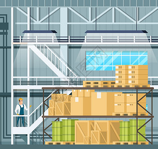 室内储存货物大陆架运仓储内装物有的仓库内装货WoodenPilllet和包裹在楼梯上保持制服和硬帽的工厂特卡通病媒说明室内储存货图片