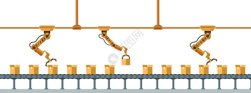 黄机器人ClawLong包装箱封存器机械式装甲起重制造技术仓库服务工业机器人仓储务弗拉特卡通矢量说明黄色机器人纸条长包装箱封存器背景图片