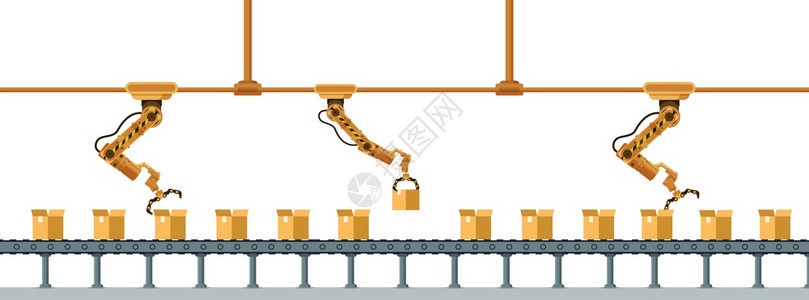 黄机器人ClawLong包装箱封存器机械式装甲起重制造技术仓库服务工业机器人仓储务弗拉特卡通矢量说明黄色机器人纸条长包装箱封存器背景图片