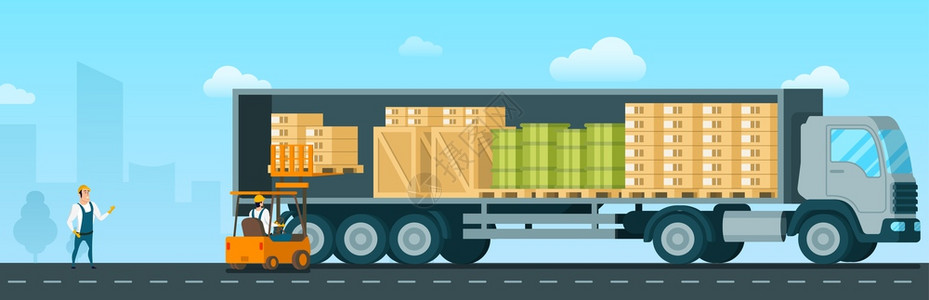 卡车拖车装货箱行驶图背景图片