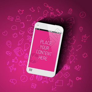 具有背景图标和内容位置的现实粉红色智能手机模板图片