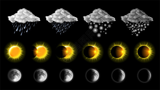 气候预报要素有雪和雨的云在黑色背景中分离的不同阶段或的日蚀和月图片