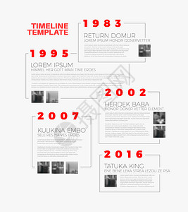 照片排版具有最大里程碑照片年份和描述的矢量人口印刷时间报告模板插画