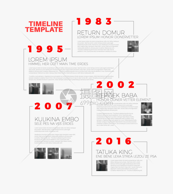 具有最大里程碑照片年份和描述的矢量人口印刷时间报告模板图片