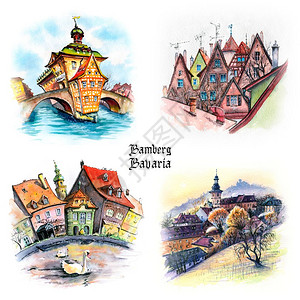 德国南部巴伐利亚州班贝格老城的一套水彩色旅行草图图片