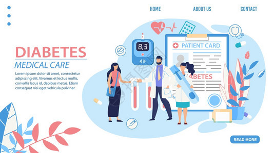 医学糖尿病诊断和治疗趋势平板着陆卡通医生护士和病人在检查卡血液测距仪和InsulinVial矢量说明医疗糖尿病诊断处理着陆图片