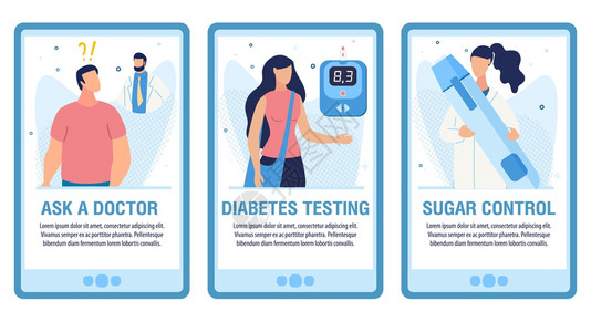 在线医疗咨询服务移动着陆页面TrindyFlatSet问医生糖尿病测试社会媒体网页的糖控制设计病媒卡通人和护士说明在线医疗咨询图片