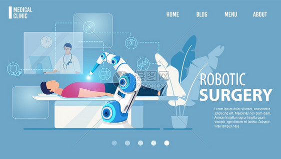 机器人外科手术创新药品平板着陆页现代医学技术卡通机器人械在外科控制下对病人或进行操纵创新医学矢量说明机器人外科手术创新药品着陆图片