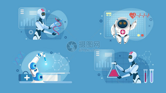 智能机器人造医疗平台进行外科手术检查心跳和进行实验室DNA测试未来医学AITechnology矢量卡通说明智能机器人工医学图片
