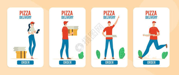 Pizza在线交付服务快餐厅PizzariaMoveAppTrendyFlat矢量垂直网络封条着陆页模板集背景图片