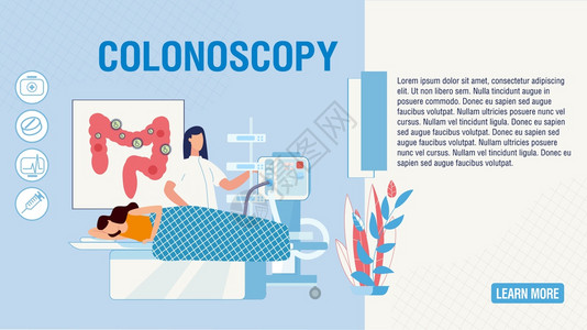 筛选页平板着陆页提供科洛诺复印程序诊所实验室的卡通病人和医生肠道疾病筛查医院的预防和治疗病媒室内健康说明插画