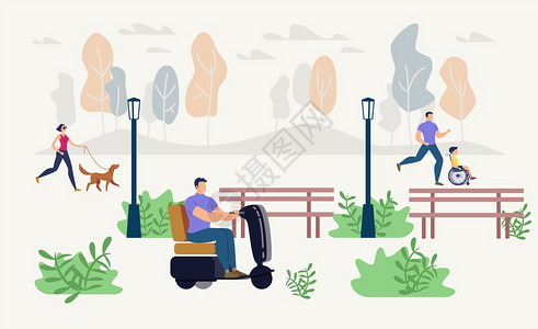 残疾人户外娱乐和休闲趋势平坦的矢量概念电动滑板残疾人轮椅男孩带向导狗花时间的盲人妇女在公园散步的残疾人户外娱乐病媒概念图片