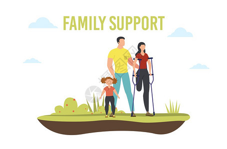 残疾人家庭支持趋势平坦海报模板与亲属丈夫和女儿在一起帮助残疾妻子的妇女插图图片