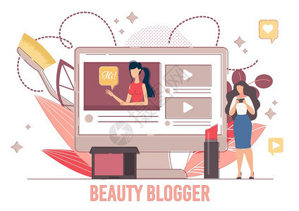 在线美人博客互联网影响者社交媒体网络和关于化妆品时装和风格的视频女道年轻挥舞者和追随移动计算机海报设在线美人博客因特网影响者海报图片
