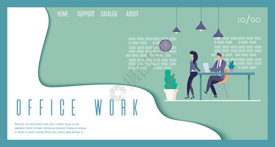 办公室工作企业开办在线公司平方网络银行与实业家和女商人公司领导女就业者在办公室共事的着陆页面模板图片