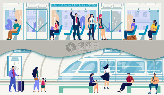 男女公民乘客或旅游者等待地铁列车图图片