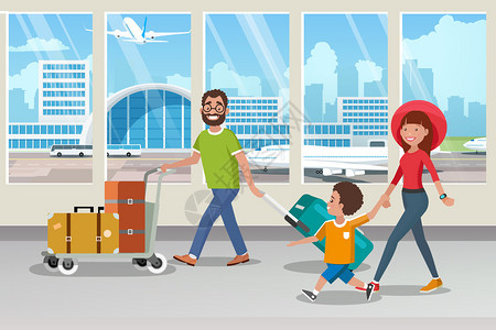与家人一起旅行由飞机卡通矢量概念与快乐父母携带行李的托雷在机场终点走廊与儿童同行前往飞机驾驶舱说明图片