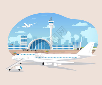 机场商业飞行机场终端有调度塔说明图插画