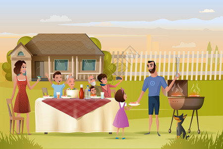 快乐一家人在绿草地烤肉矢量插画图片