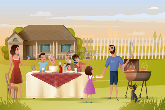 快乐一家人在绿草地烤肉矢量插画图片