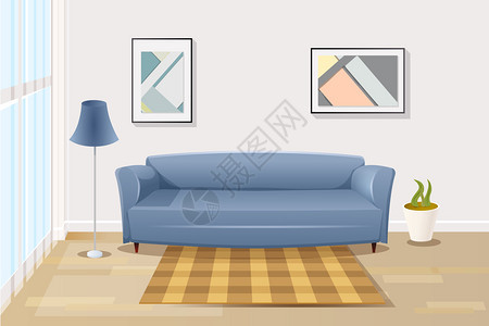 现代生活室内装饰盒式矢量插图与在宽敞房间或公寓窗户附近的舒适蓝沙法发优品楼灯在Pot的植物在地板上的毯和在墙油漆图片