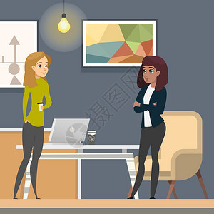 商业妇女作为自由职业者共同编织工作在科兹办公室和笔记本电脑附近咖啡休息厅交谈的两个角色平面设计卡通矢量说明商业妇女作为自由职业者图片