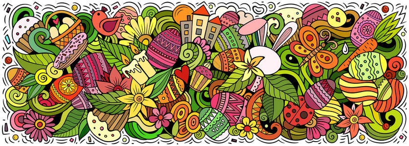 复活节快乐的手画了卡通图纸假日有趣的物品和元素海报设计创意艺术背景多彩矢量横幅复活节快乐的手画了卡通图纸背景图片