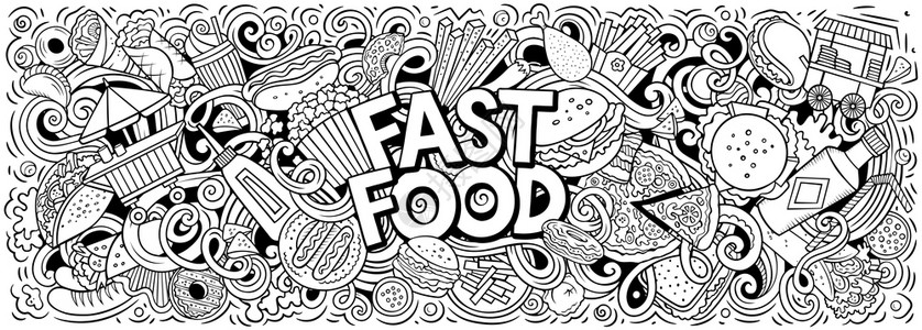 Fastfood手画卡通涂鸦图解快餐有趣的物品和元素海报设计创意艺术背景线条矢量横幅快餐手画卡通涂鸦图解多彩矢量横幅背景图片