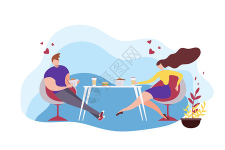 卡通人与女坐在桌边吃亚洲食品用咖啡饮矢量说明爱情夫妇餐厅日期咖啡晚餐午浪漫关系人们一起吃饭卡通男人坐在桌边吃亚洲食品图片