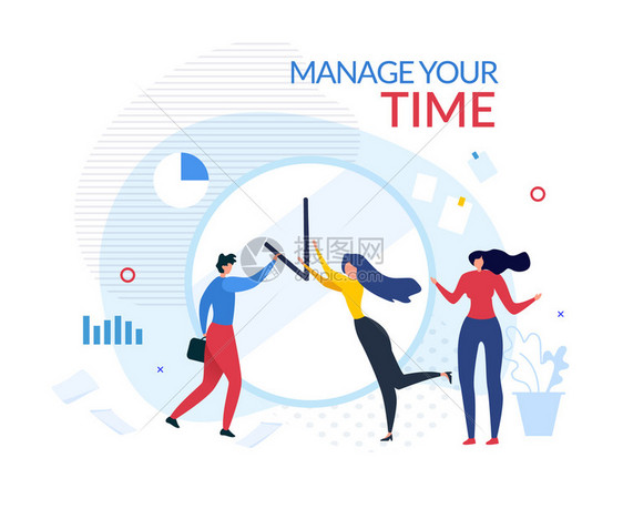 管理您的时间动力卡通条男人和女在巨大的办公室时钟上改变箭头的位置女孩与手站在一起时间管理或最后主题矢量平面说明管理您的时间动力人图片