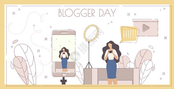 博客日社交媒体内容创造者活动平面矢量Banner女Vlogger与智能手机实时视频交流与在线观众聊天TrendyFlatVect背景图片