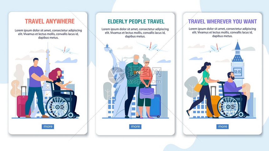 残疾人旅行援助老年人套件流动旅游机构应用程序资料袋电话上与快乐人轮椅上的妇女和老年家庭一对矢感者起的屏幕设计图片
