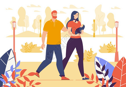 年轻家庭活跃生方式幸福孕产和计划生育概念父母亲在公园手步行一起度过时间休息户外放松TrendyFlat矢量一说明图片