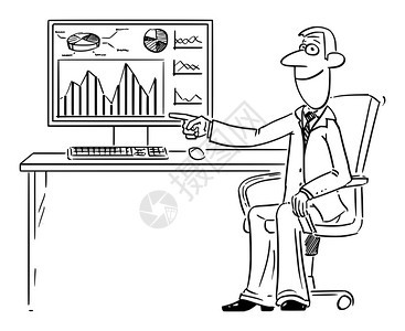 由在计算机上工作并指向财务图表或显示屏幕上的图表商人员绘制的矢量滑稽漫画图片