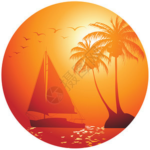 海上游艇棕榈树剪影图片